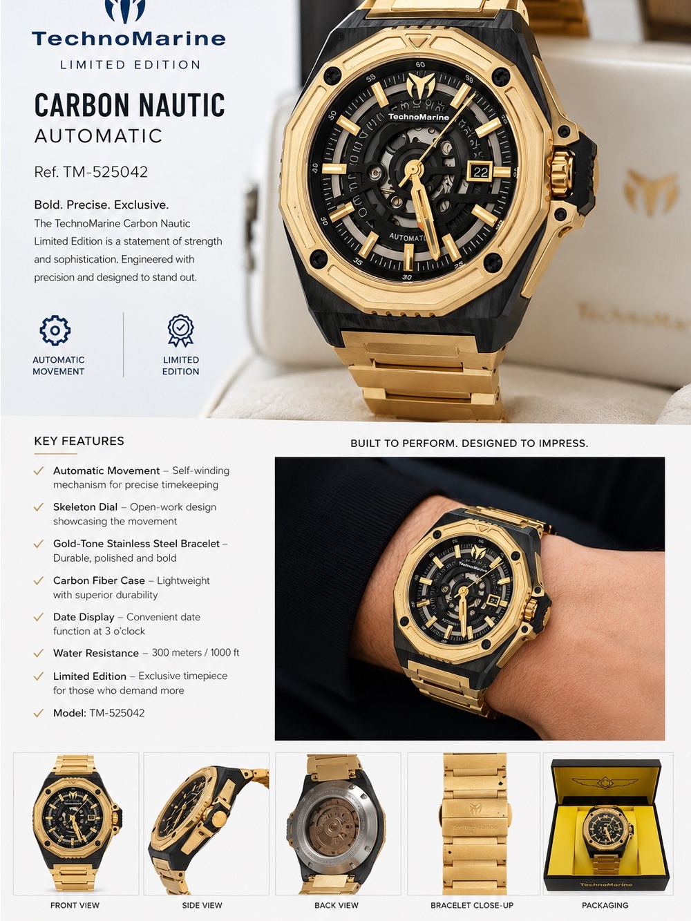 Technomarine Gold and Black Carbon Nautic Automatic Skeleton Watch